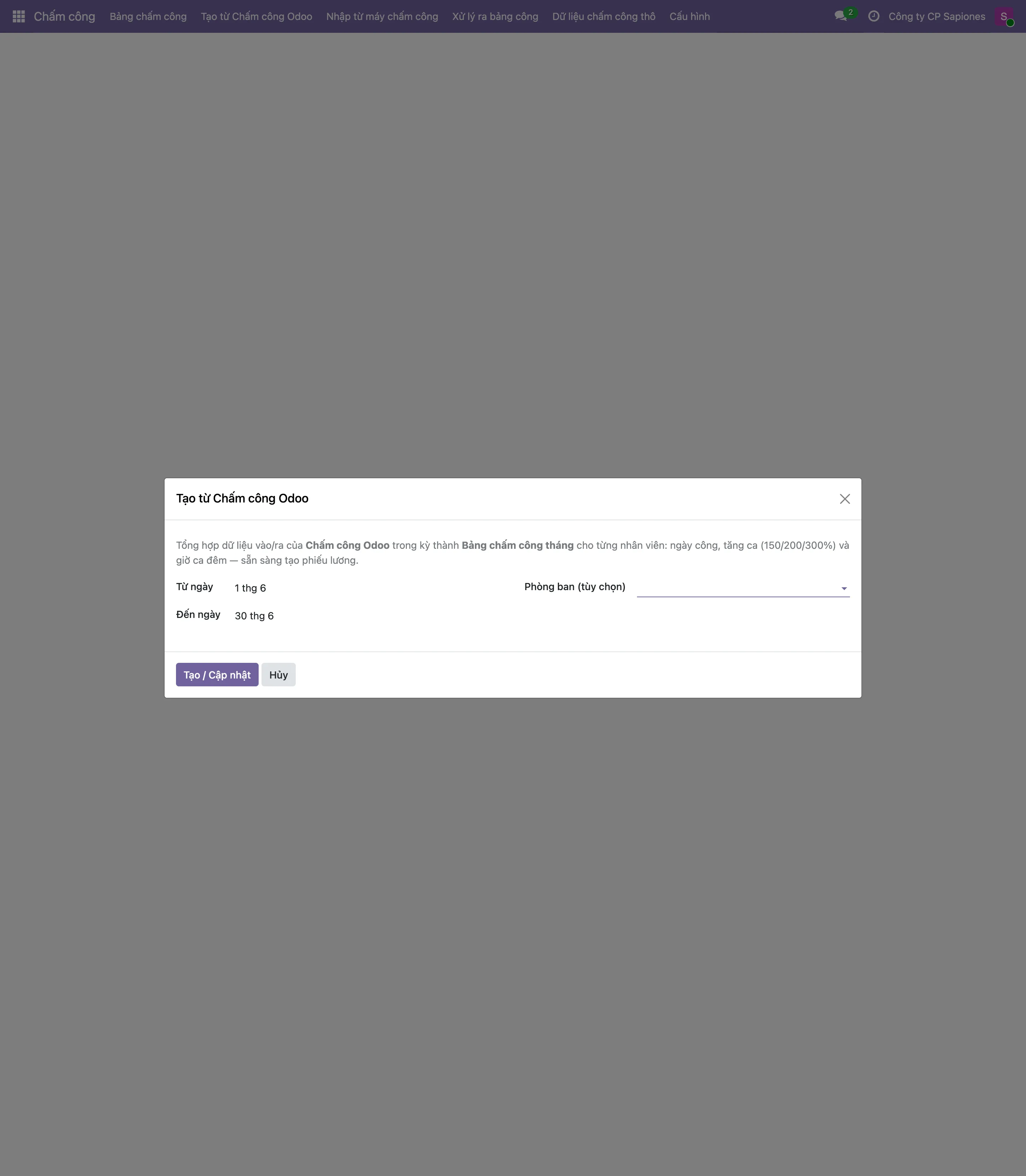 Wizard "Tạo từ Chấm công Odoo" — sinh bảng công + tính tăng ca tự động