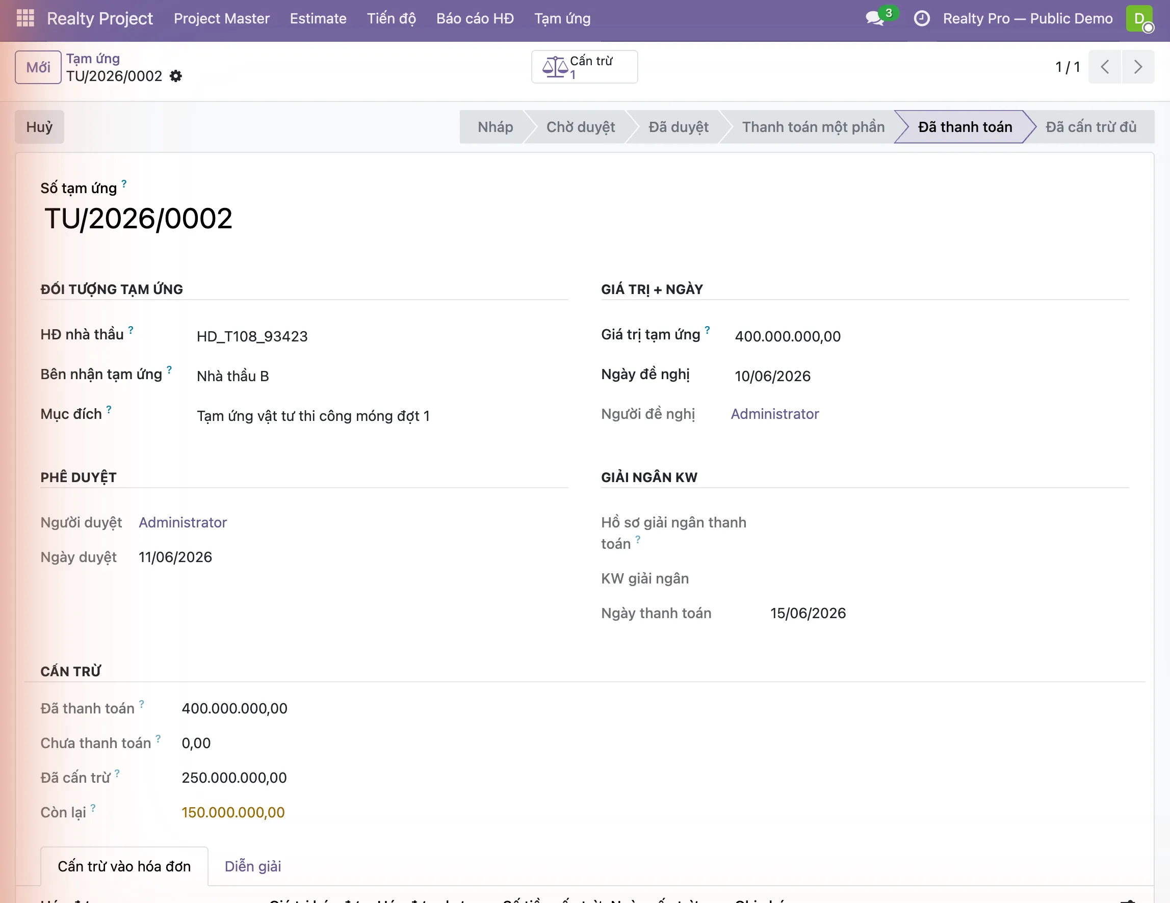 Form Tạm ứng — đối tượng, giá trị, workflow 6 bước, cấn trừ