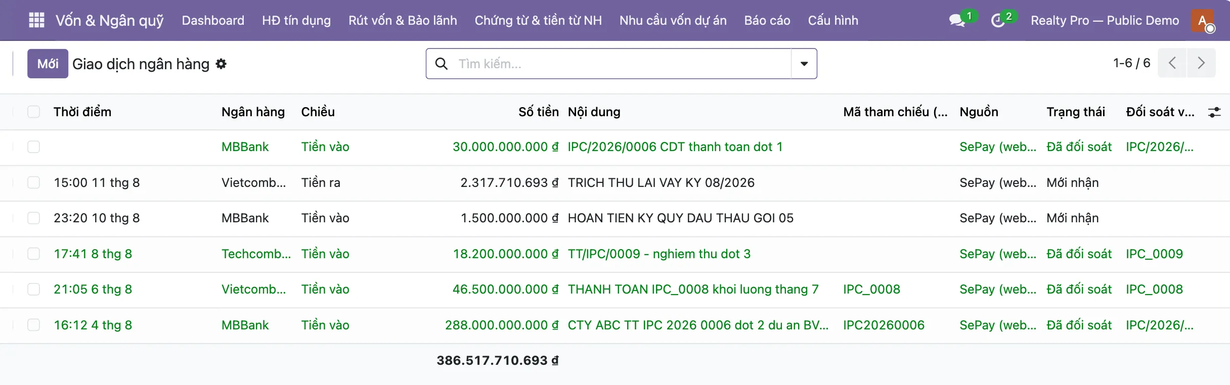 Sổ giao dịch ngân hàng — ba nội dung chuyển khoản viết ba kiểu khác nhau đều tự khớp vào IPC, hai dòng không có mã IPC nằm lại trạng thái Mới nhận