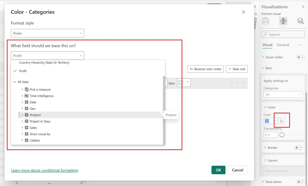 Dialog conditional formatting với dropdown trường mở rộng và tooltip tên trường