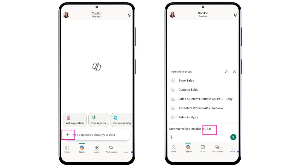 Đính kèm reference (report/semantic model) vào Copilot chat trên app mobile
