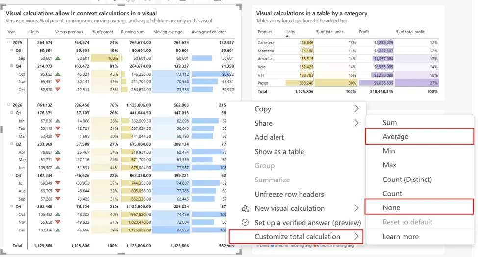 Chọn "None" hoặc "Average" làm cách tính tổng cho cột số