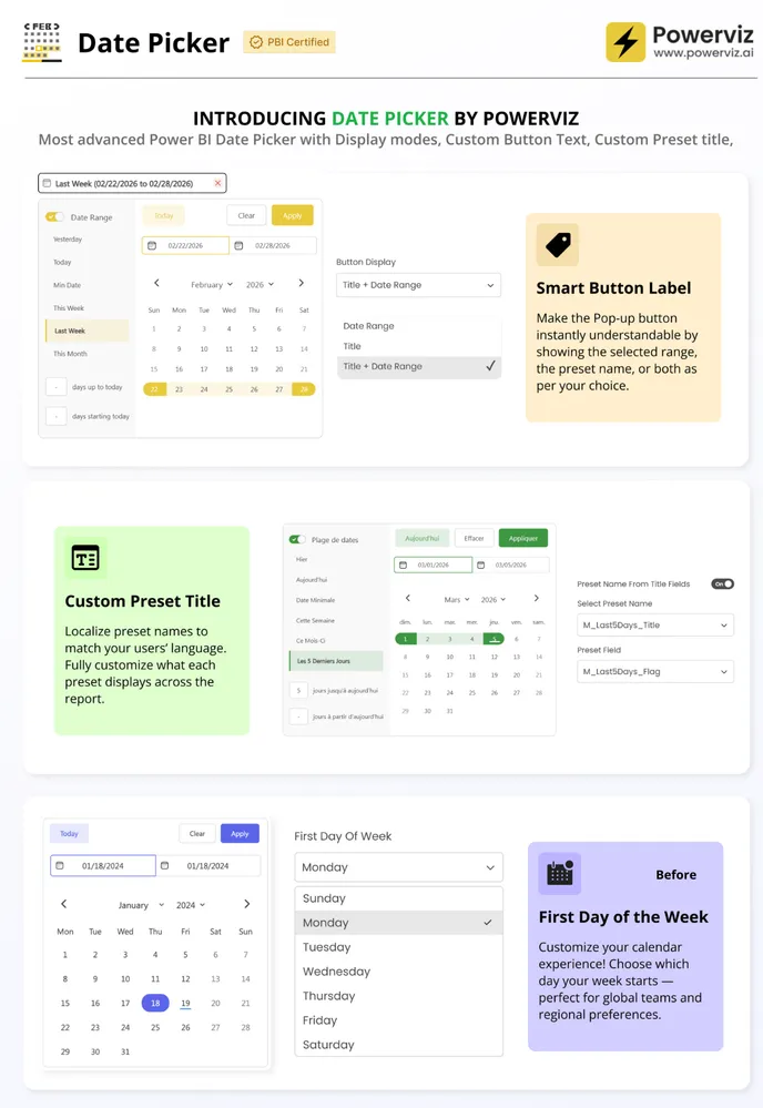 Date Picker by Powerviz — Smart Button Label, Custom Preset Title, First Day of the Week