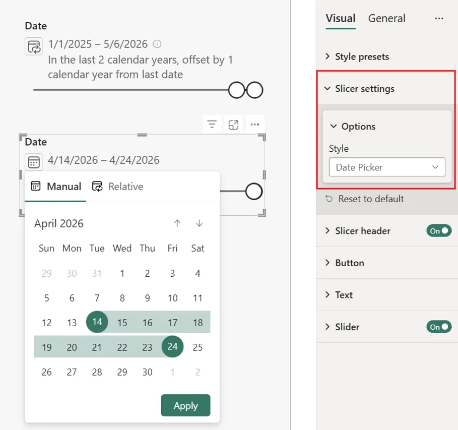 Date picker slicer với lựa chọn tương đối và thủ công trong một control