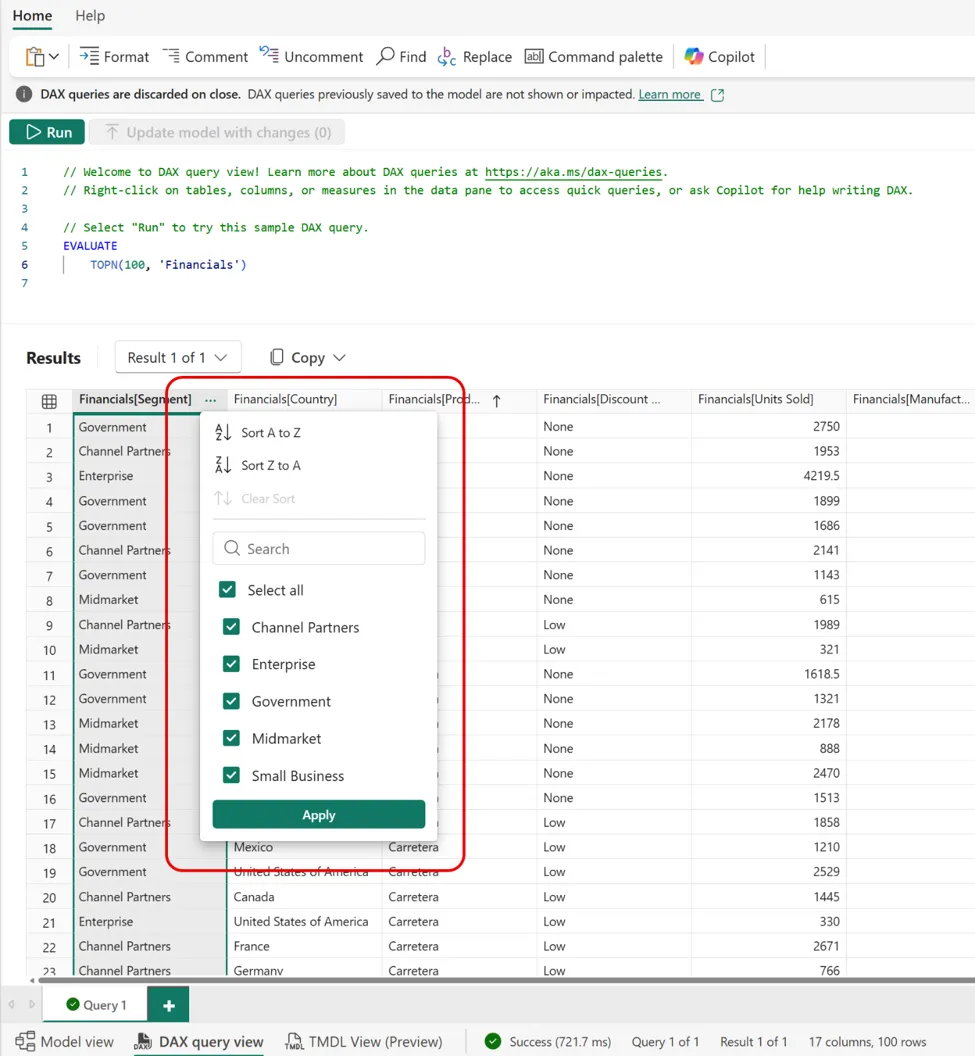 Lưới kết quả DAX query view với sort, tìm và lọc ngay trên cột