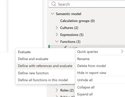 Menu ngữ cảnh trong ngăn semantic model — define/evaluate function và quản lý phần tử model
