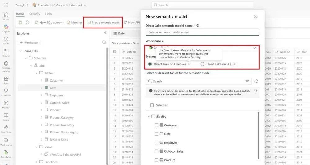 Tạo semantic model mới — chọn Direct Lake on OneLake hay Direct Lake on SQL