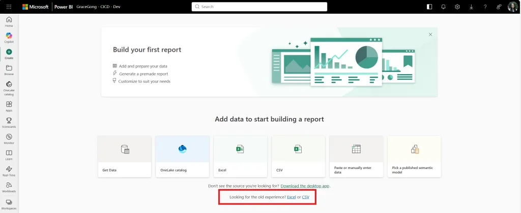 Trang Create của Power BI Service với tuỳ chọn import Excel/CSV cũ (khoanh đỏ)