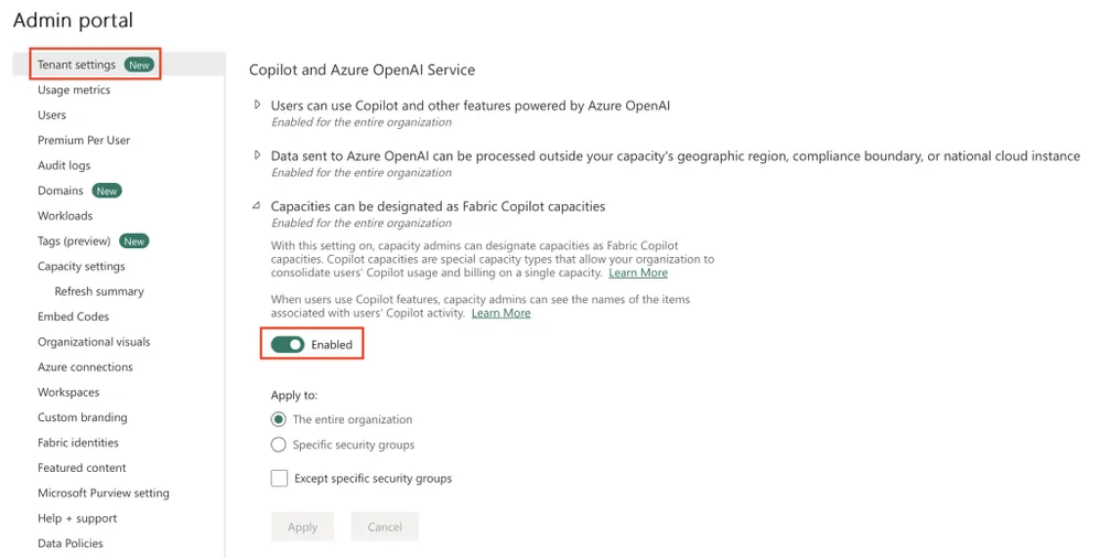 Tenant setting "Capacities can be designated as Fabric Copilot capacities" bật Enabled