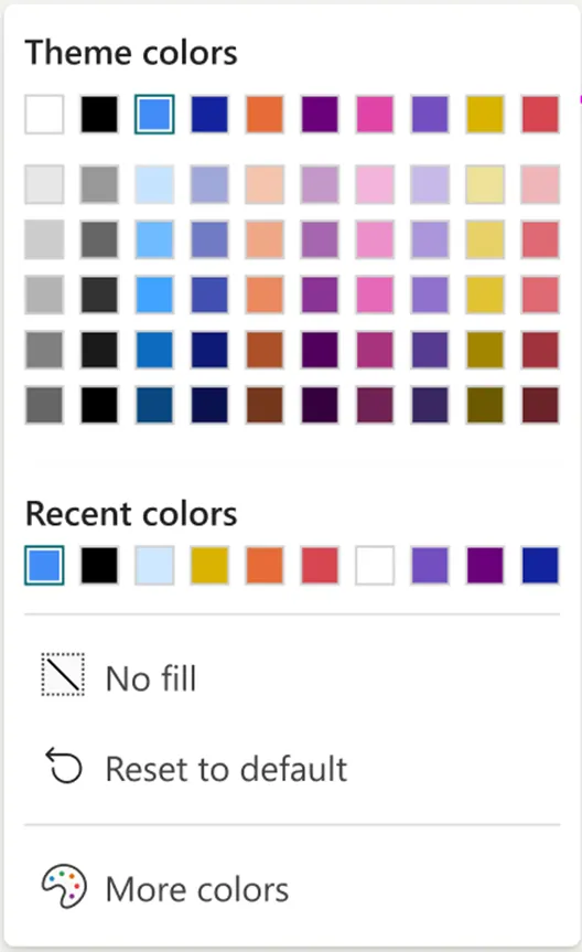 Color picker cải thiện — theme colors, recent, reset to default, more colors