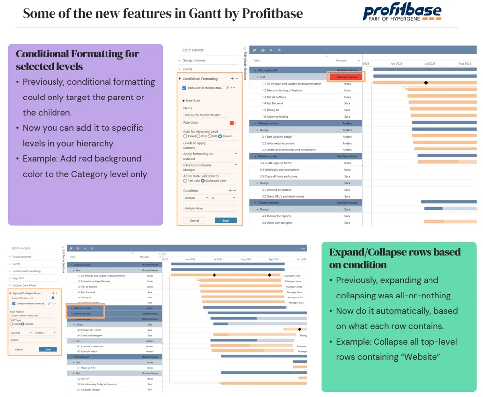 Gantt by Profitbase v3.1 — conditional formatting theo cấp và mở/gập theo điều kiện