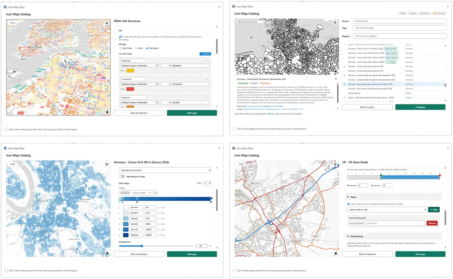 Icon Map Slicer — Data Catalog với nhiều lớp bản đồ và kiểu trực quan