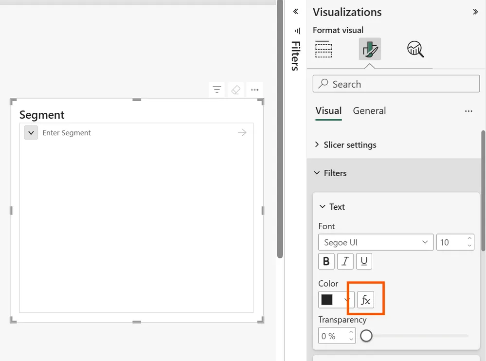 Tuỳ chọn conditional formatting (Fx) của input slicer trong format pane