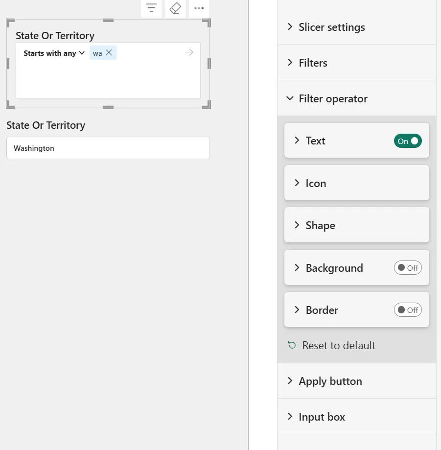 Input slicer trong báo cáo với menu tuỳ chọn lọc (contains, starts with…)