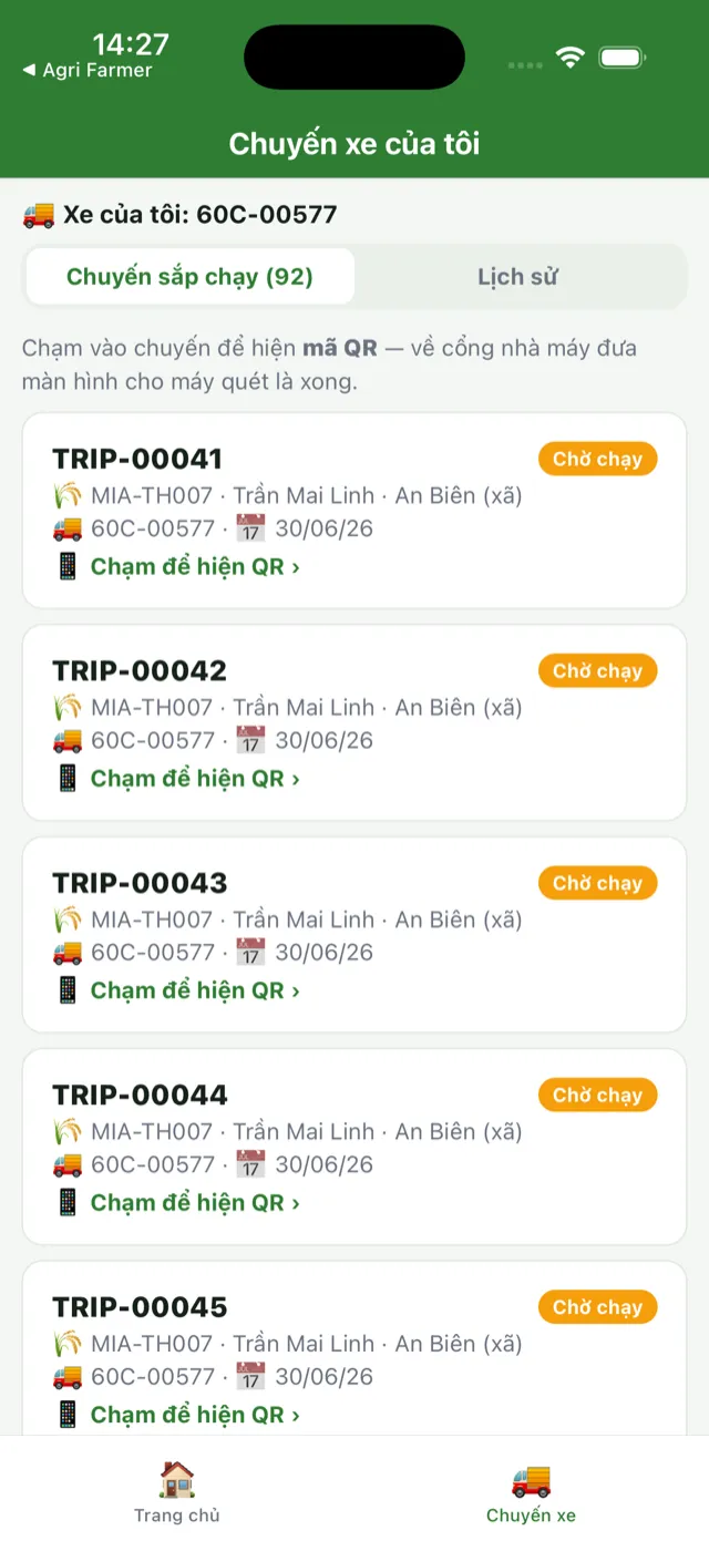 Tab Chuyến xe của tài xế: danh sách chuyến sắp chạy, chạm để hiện mã QR