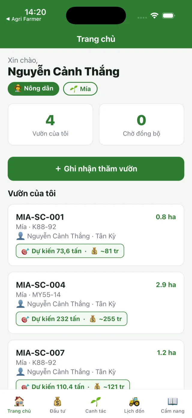 Trang chủ của nông dân: thẻ từng thửa kèm huy hiệu dự kiến sản lượng và doanh thu