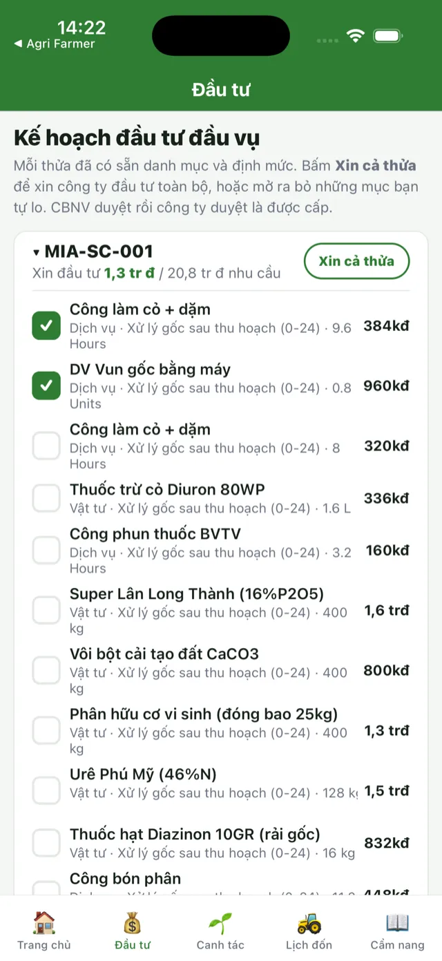 Tab Đầu tư gộp theo thửa: nút Xin cả thửa, mở thửa ra thấy từng hạng mục có ô tick và định mức tiền