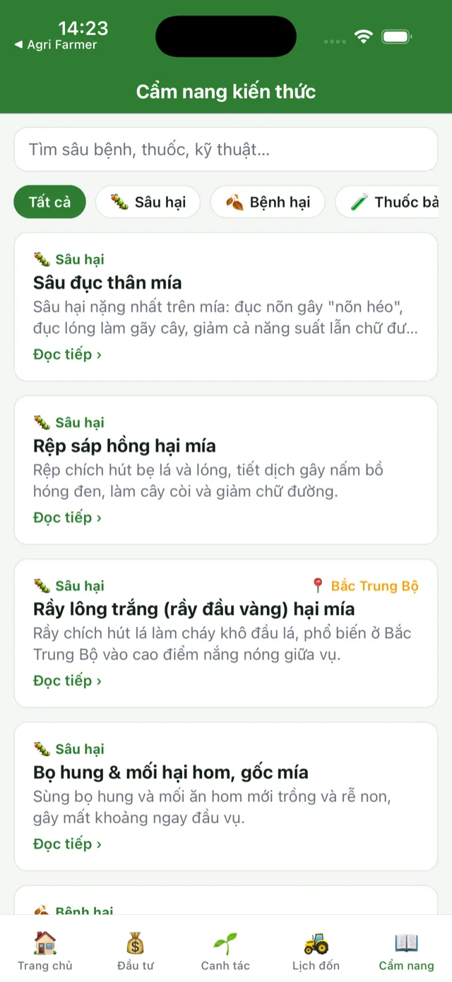 Tab Cẩm nang: ô tìm kiếm, dải danh mục và các bài viết, bài đặc thù vùng có nhãn vùng trồng