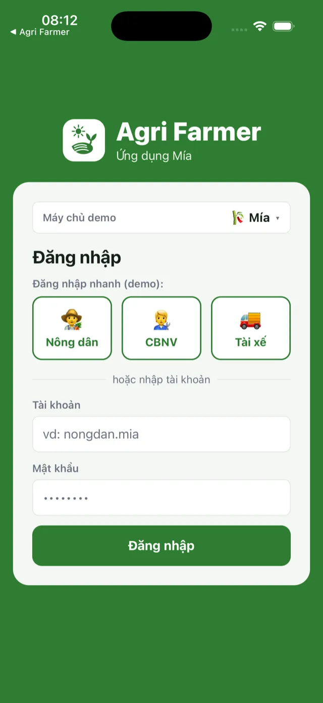 Màn hình đăng nhập với ba nút đăng nhập nhanh theo vai: Nông dân, CBNV, Tài xế