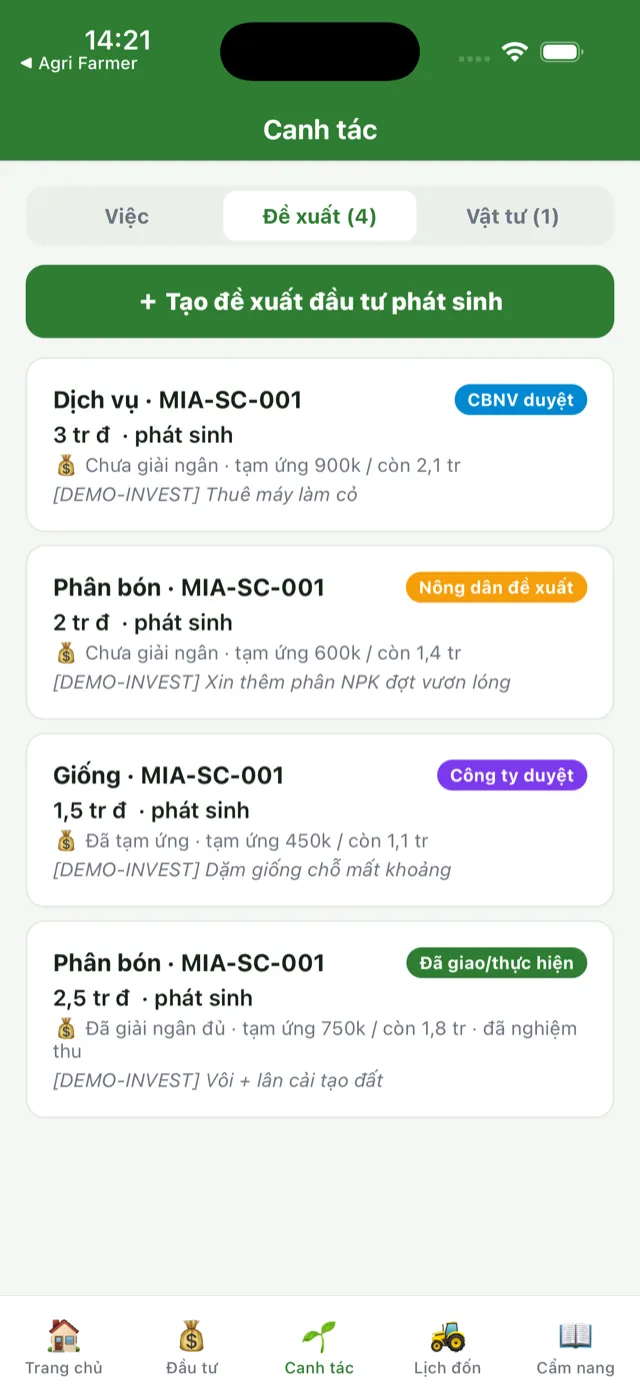 Mục Đề xuất: các phiếu đầu tư phát sinh với nhãn trạng thái và tình trạng giải ngân tạm ứng