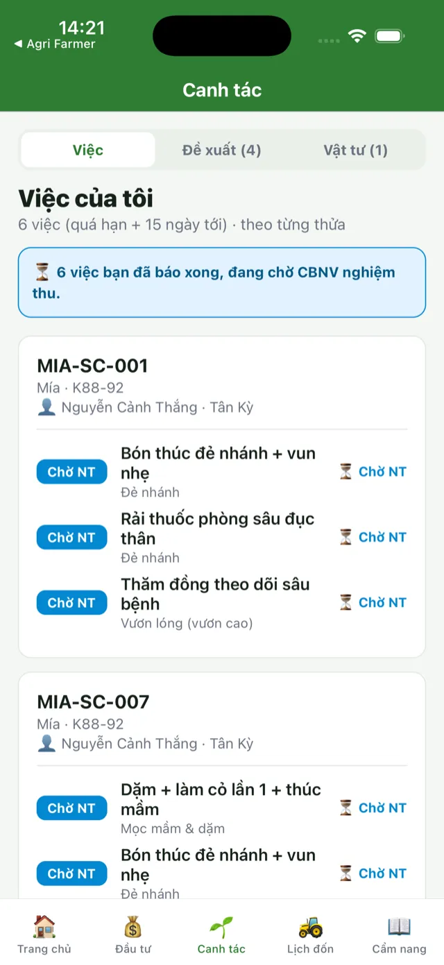 Mục Việc của nông dân: các việc đã báo xong hiển thị nhãn Chờ nghiệm thu