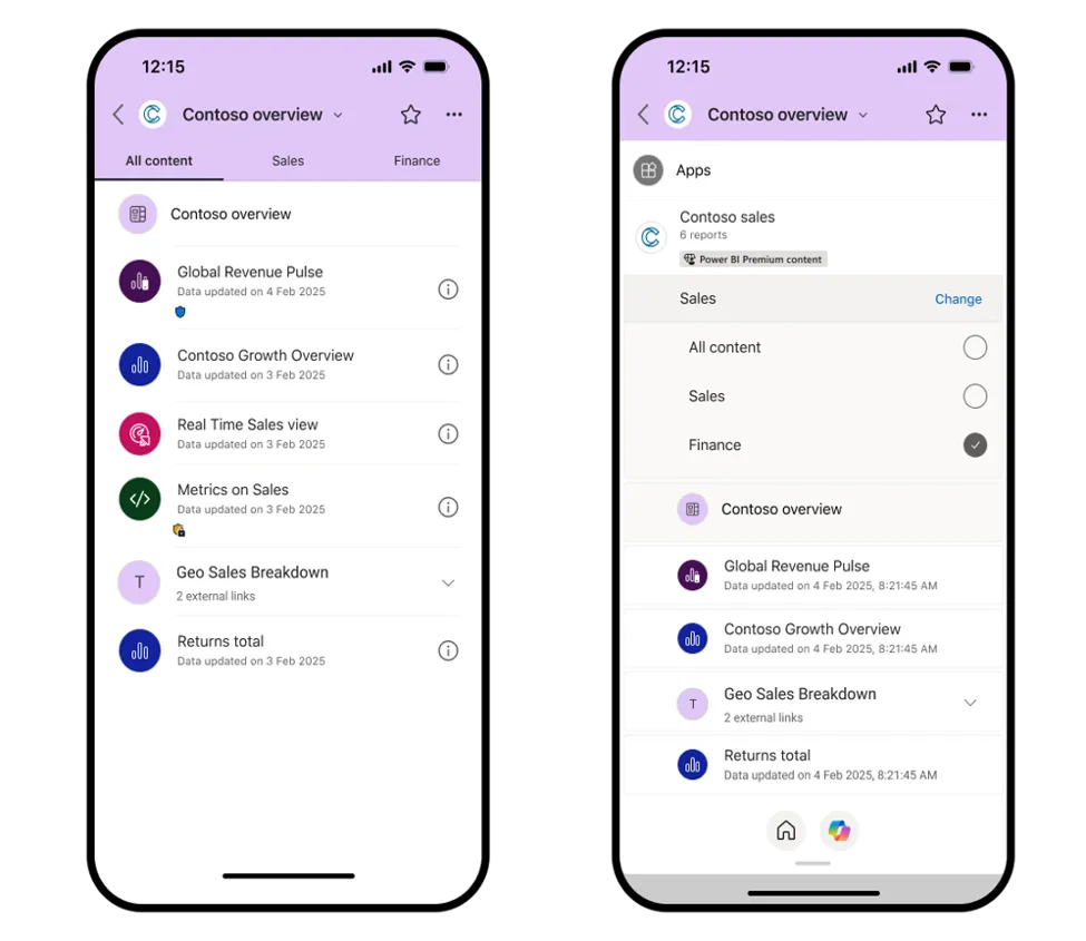 Org app audiences trên Power BI mobile — điều hướng và nội dung theo từng audience