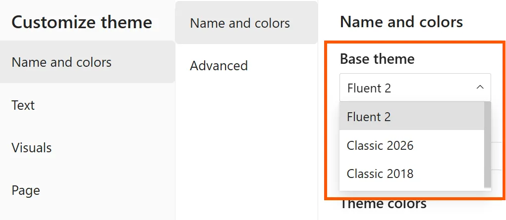 Base theme switcher trong Customize current theme — quay về base theme cũ hoặc nâng báo cáo lên modern defaults mới nhất