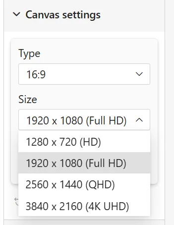 Canvas settings với preset kích thước cho tỉ lệ 16