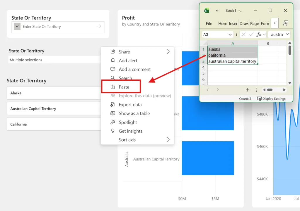 Dán danh sách giá trị vào slicer qua menu header (… → Paste)