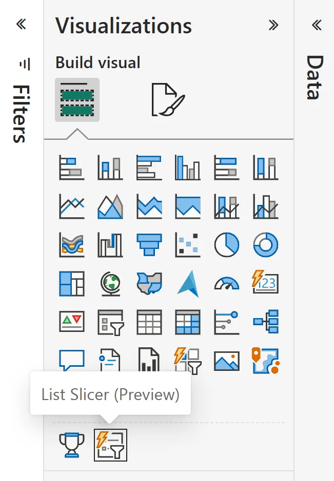 Visual Preview được gắn nhãn "(Preview)" trong ngăn Visualizations