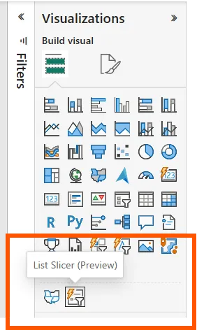 Ngăn Visualizations hiển thị visual Preview dưới đường phân cách và có "(Preview)" sau tên