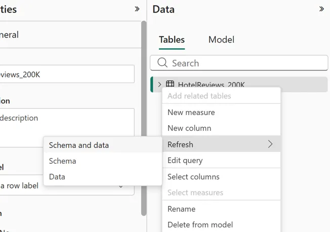 Tuỳ chọn refresh theo bảng trong Model explorer