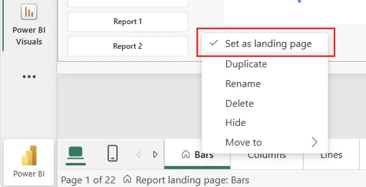 Đặt một trang báo cáo làm landing page từ menu tab trang