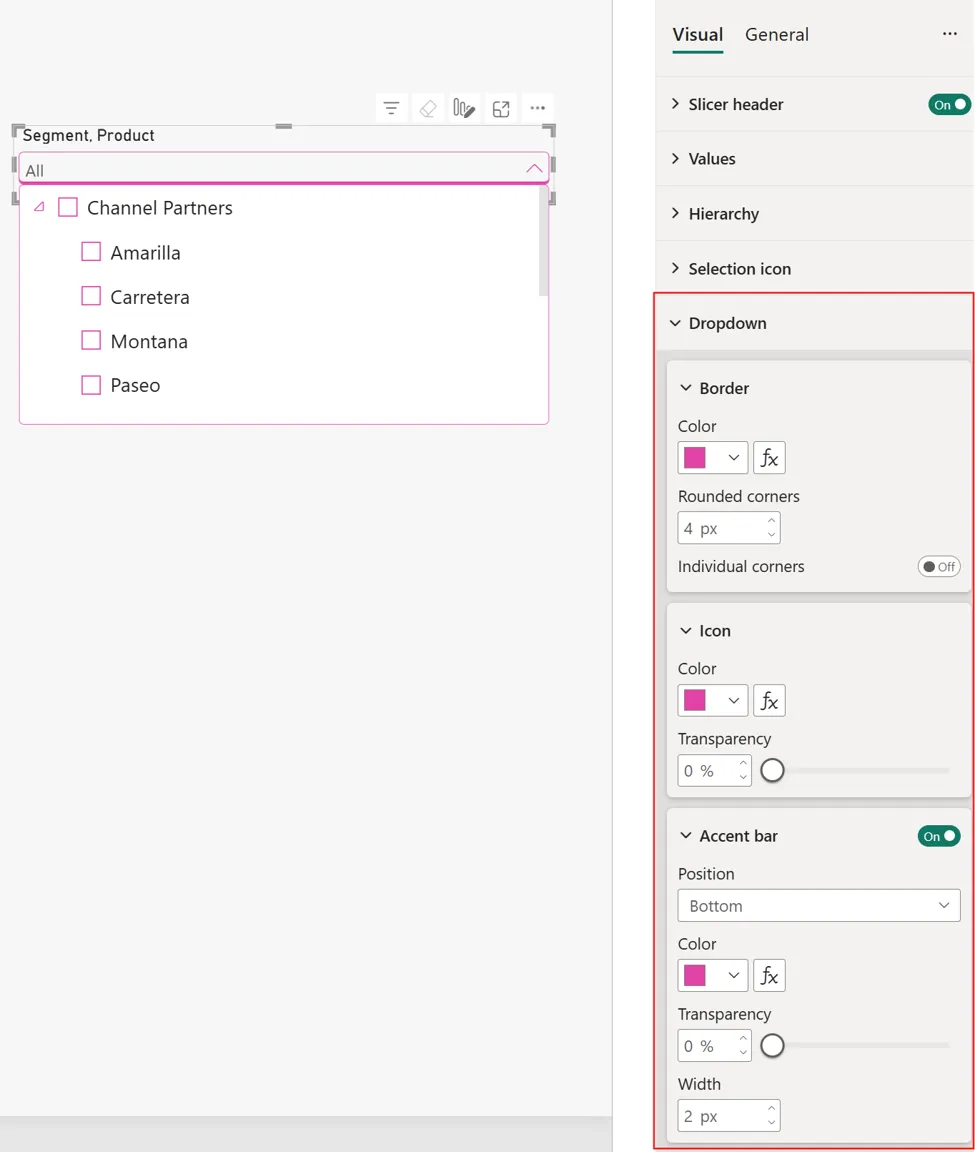 Tuỳ biến viền dropdown, icon mở và accent bar của slicer