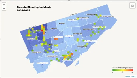 TMap 3.1 — grid map & choropleth map: sự cố nổ súng ở Toronto 2004–2025