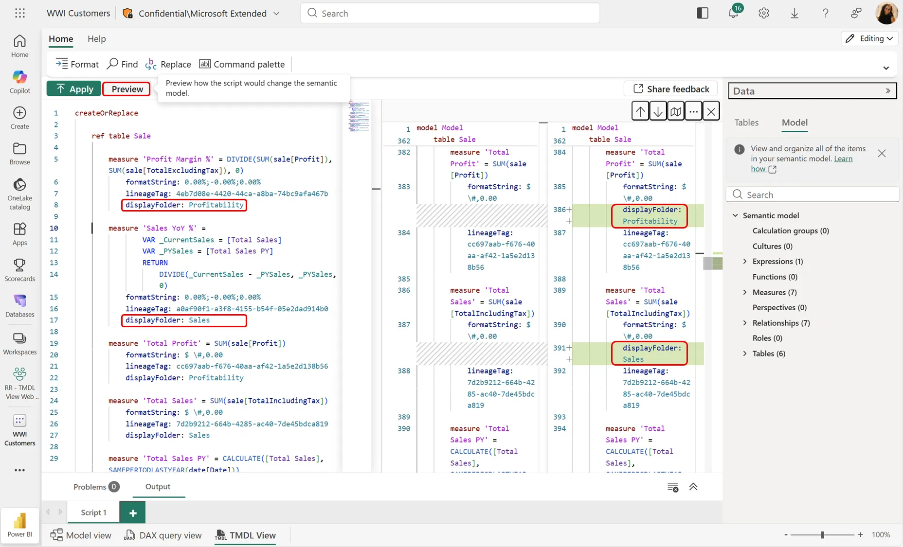 Xem trước thay đổi model từ script TMDL (side-by-side diff) trên web
