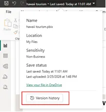 Nút Version History trong flyout của Power BI Desktop