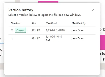 Hộp thoại Version History mới trong Power BI Desktop