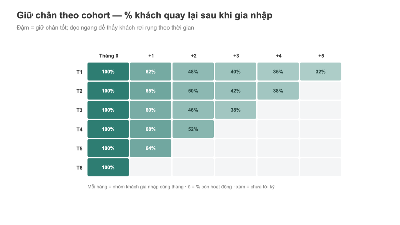 Biểu đồ cohort retention Tableau: phần trăm khách giữ chân theo tháng gia nhập